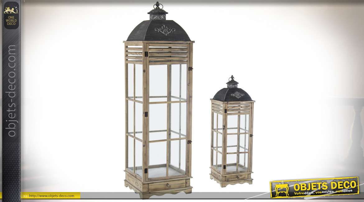 Série de 2 grandes lanternes en bois clair et métal gris anthracite 142 cm