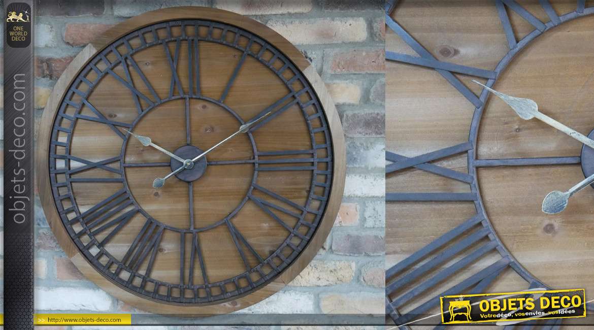 Horloge murale en bois et métal de style rustique, finition naturel et vieille fonte esprit ancienne roue, 76cm