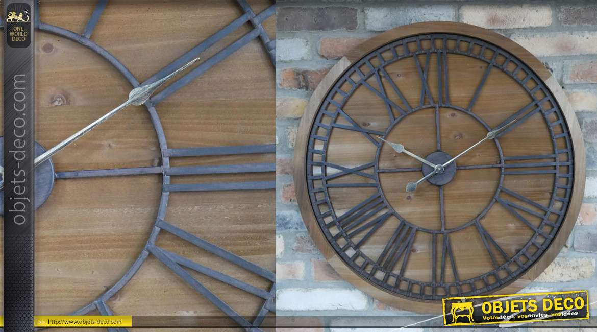 Horloge murale en bois et métal de style rustique, finition naturel et vieille fonte esprit ancienne roue, 76cm
