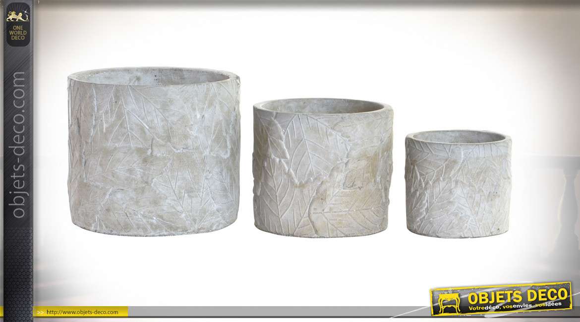 Série de 3 cache-pots en ciment avec motifs de feuilles encadrées, ambiance moderne, Ø17cm