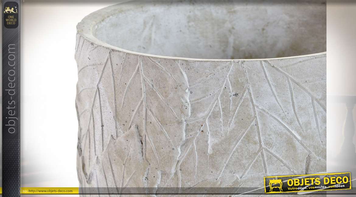 Série de 3 cache-pots en ciment avec motifs de feuilles encadrées, ambiance moderne, Ø17cm