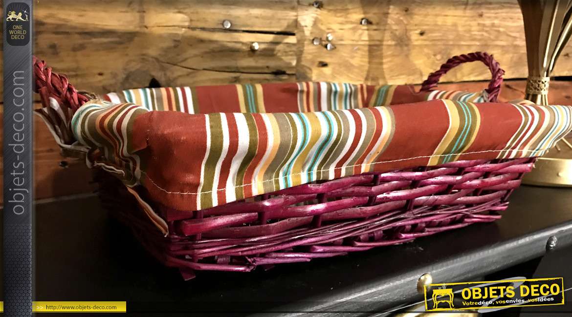 Panier en éclisse de noisetier teintée rose bordeaux, anses de transport et doublure coton motifs bayadères, 38cm