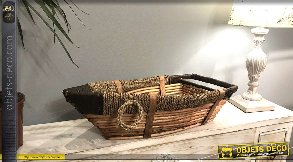 Grande corbeille en forme de bateau, en bois, osier et corde, effet ancien, esprit bord de mer, 63cm