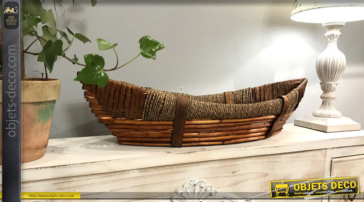 Grande corbeille en forme de pirogue, en osier bois et corde, esprit bord de mer, teintes contrastées, 65cm