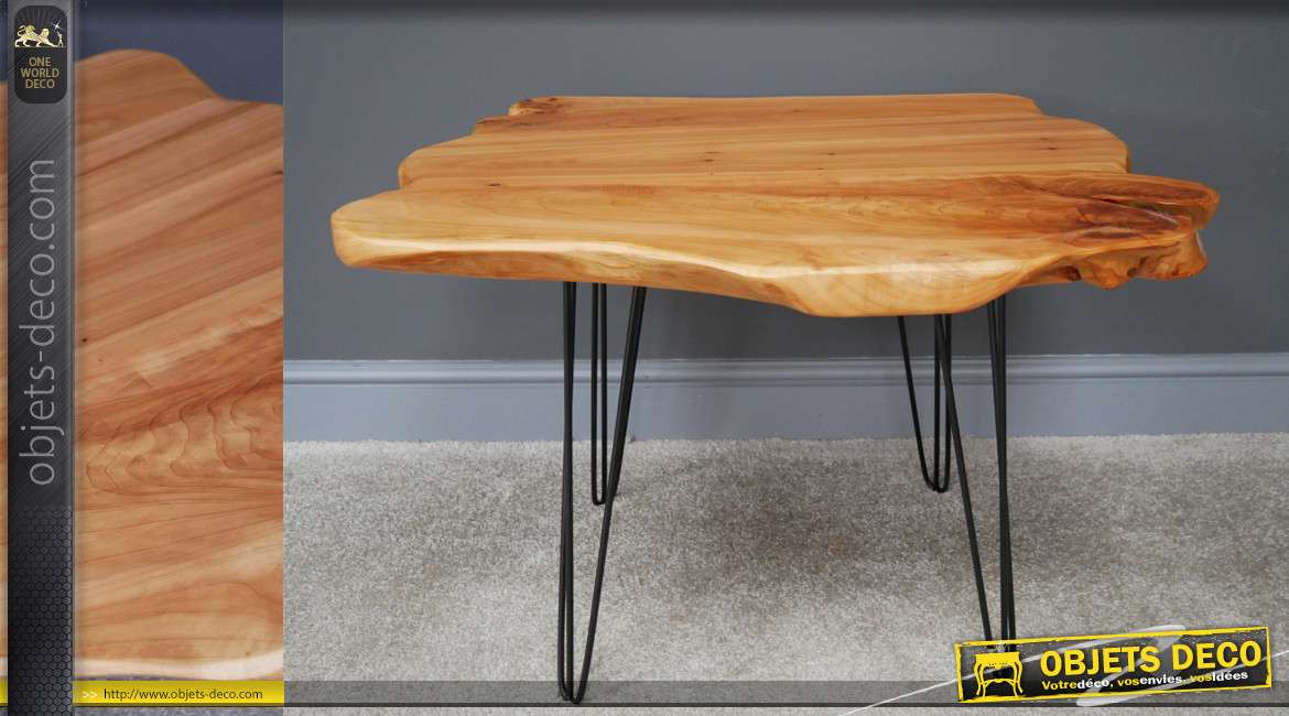 Table d'appoint en bois et métal, style moderne épuré, bords bruts et finition juste ciré, 73cm