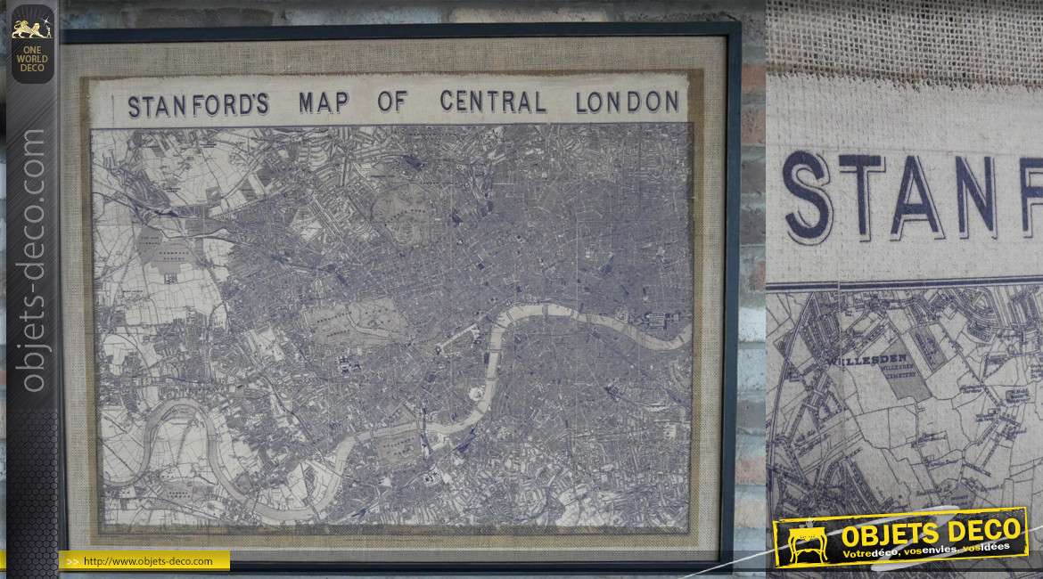 Grand tableau en bois et jute représentant une ancienne carte de Londres, encadrement noir et intérieur effet sépia, 102 cm