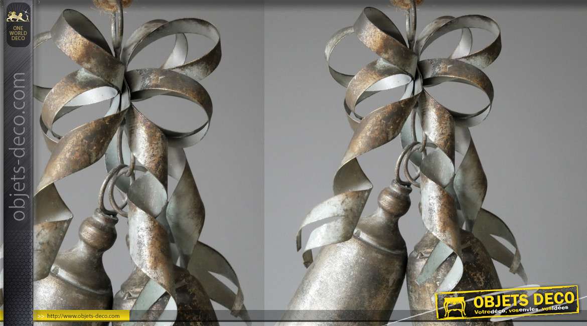 Cloches en métal type zinc à suspendre, esprit fêtes de Noël effet ancien oxydé, 63cm
