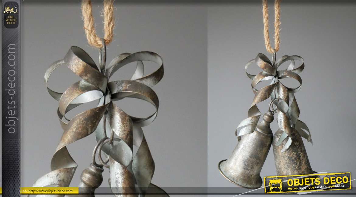 Cloches en métal type zinc à suspendre, esprit fêtes de Noël effet ancien oxydé, 63cm