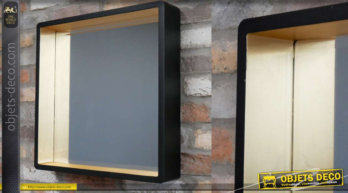 Miroir en bois de forme carrée, encadrement profond de 10cm, finition noir mat et doré, de style moderne, 53cm