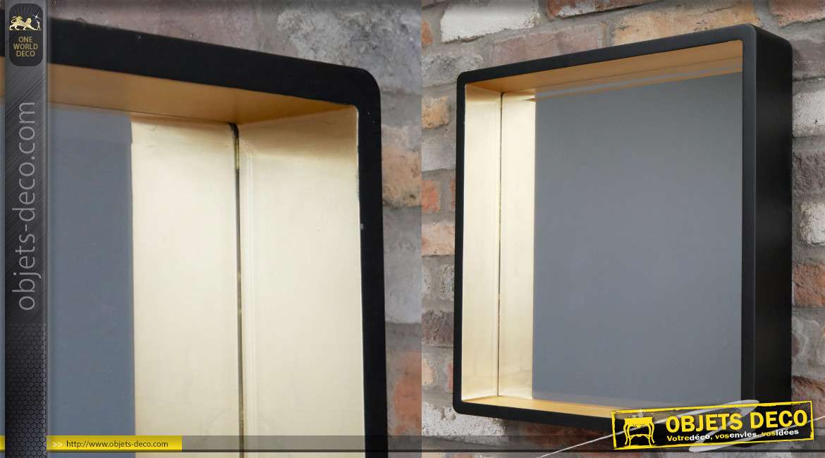 Miroir en bois de forme carrée, encadrement profond de 10cm, finition noir mat et doré, de style moderne, 53cm
