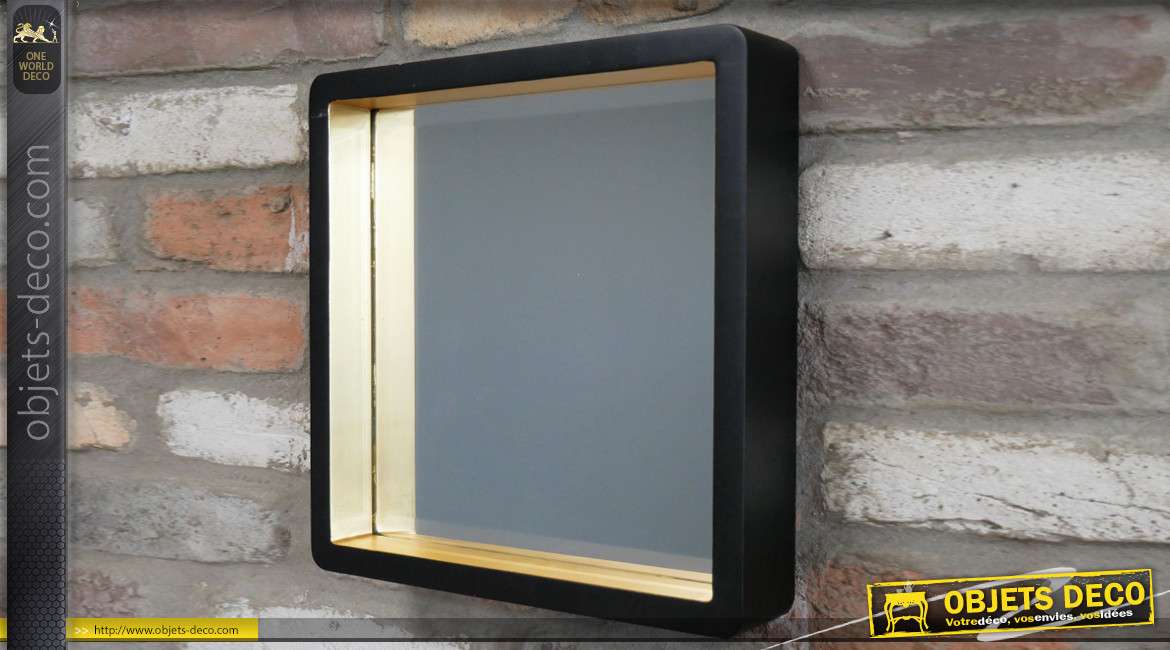 Miroir en bois style Art Déco, finition noir mat et doré, encadrement effet profond, 33cm