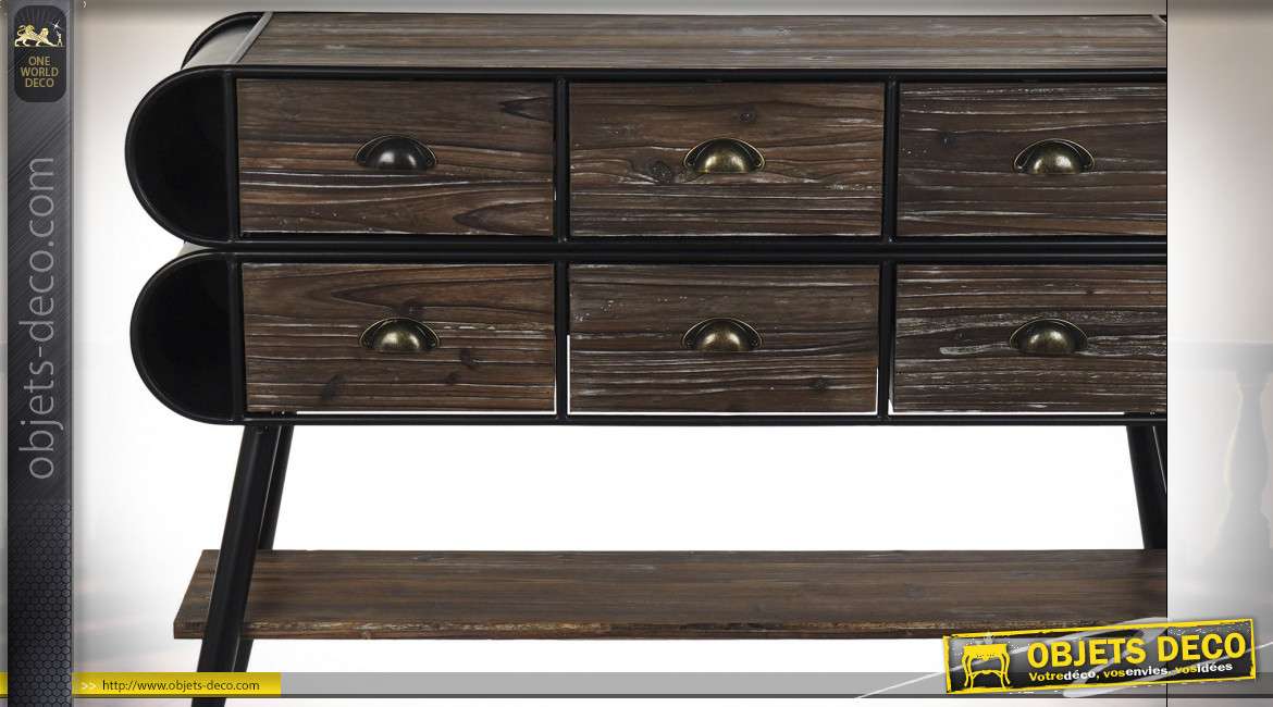 Buffet en bois et métal de style industriel, finition style chêne foncé, 6 tiroirs 1 étagère, 120 cm