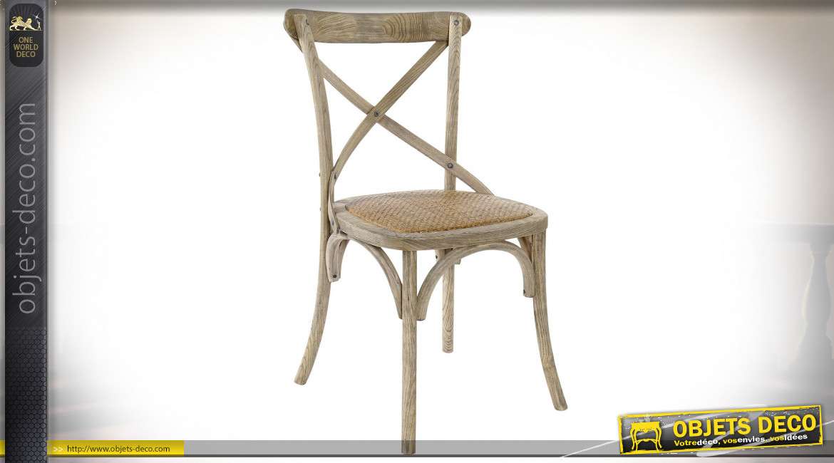 Chaise  en bois d'orme et assise en rotin cannelée, finition naturelle de style bistrot Parisien, 86 cm