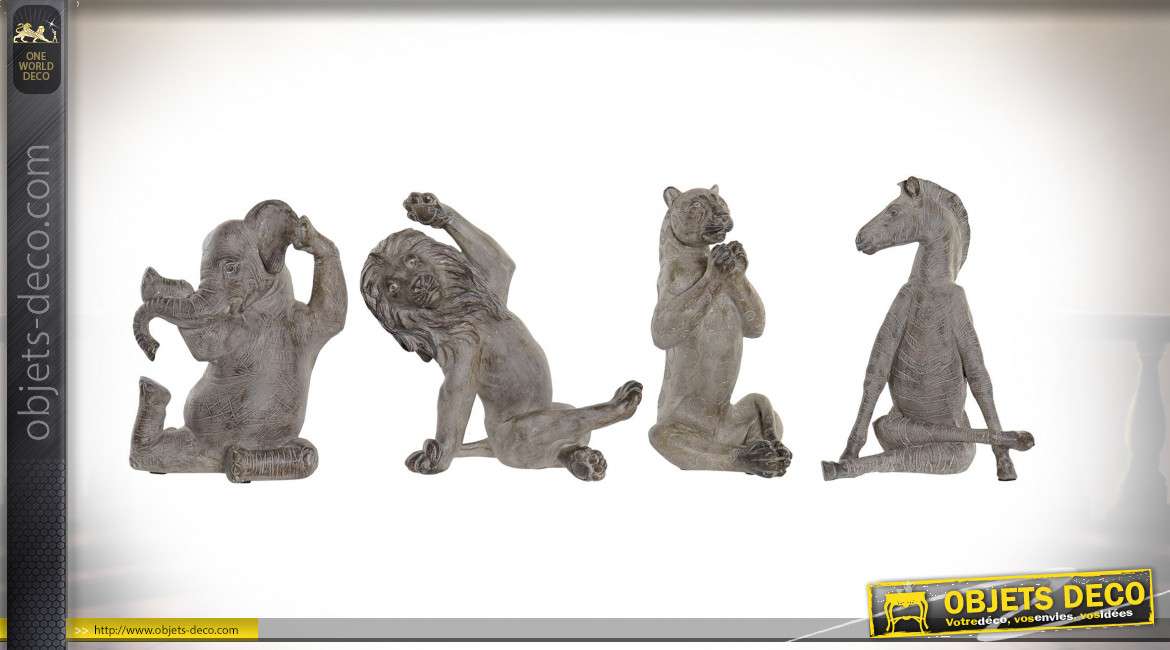 Statuettes d'animaux de la savane pratiquant du yoga effet vieilli, série de 4