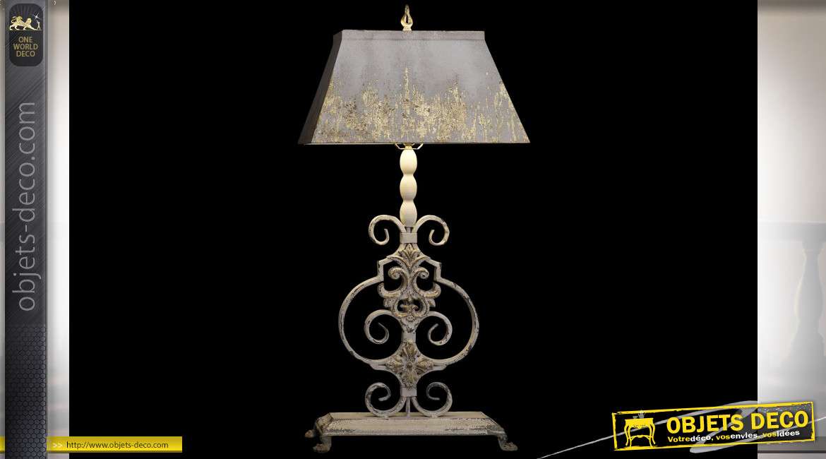Grande lampe de table en métal, style baroque vieilli reflets dorés, 94cm
