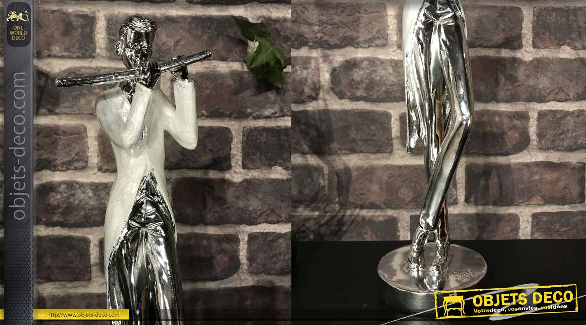 Statuette en résine finition chromé brillant, joueur de flute traversière, 35cm