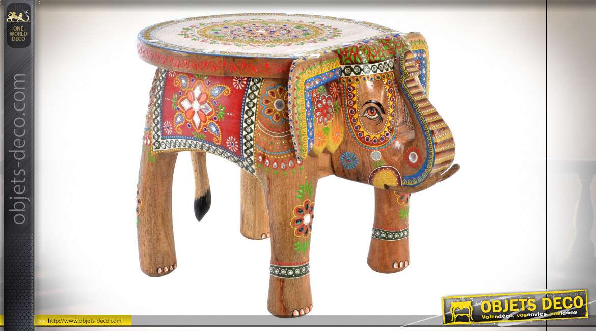 Table auxiliaire colorée en forme d'éléphant et bois de manguier