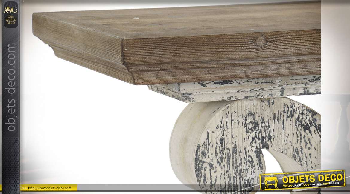 Console d'entrée en bois de sapin, pied blanchi et plateau effet naturel, forme de lyre, 120cm