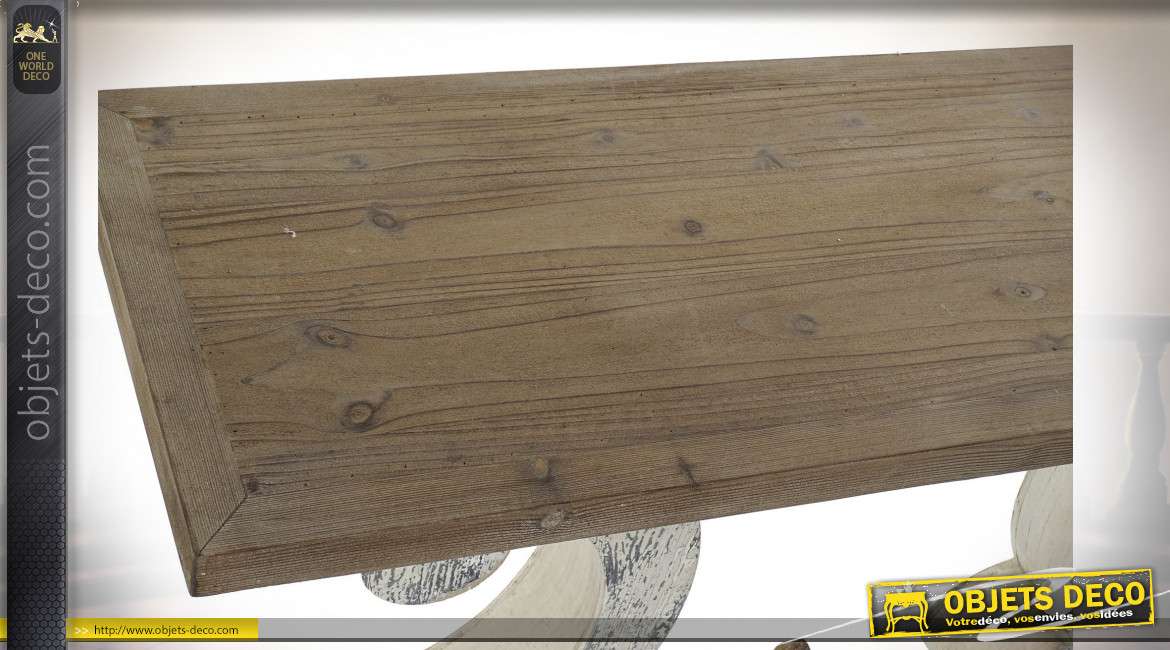 Console d'entrée en bois de sapin, pied blanchi et plateau effet naturel, forme de lyre, 120cm