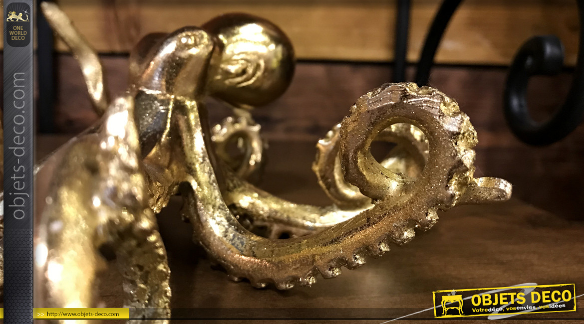 Statuette de poulpe en résine finition dorée style bord de mer, 18cm