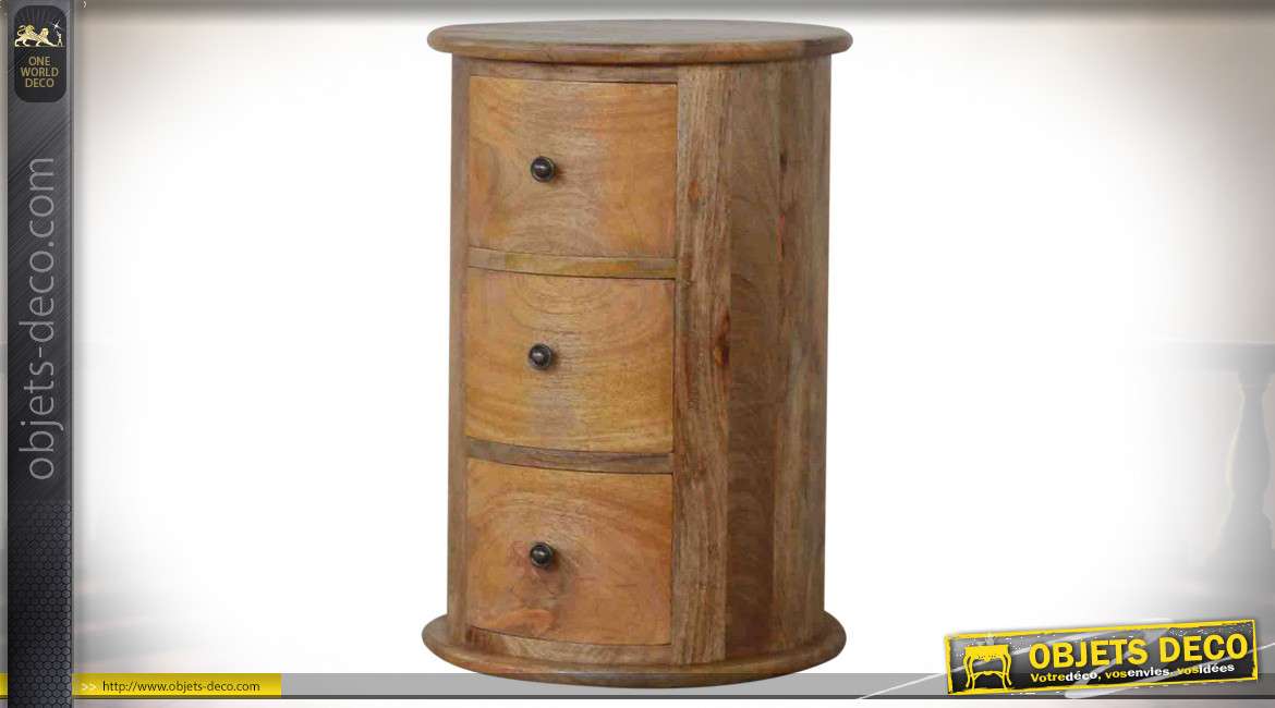 Table de chevet tambour à trois tiroirs en manguier massif vieilli 58 cm