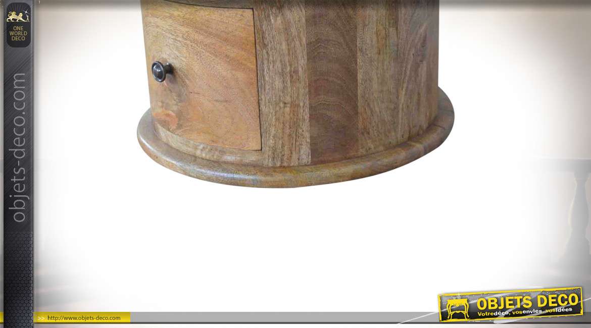 Table de chevet tambour à trois tiroirs en manguier massif vieilli 58 cm