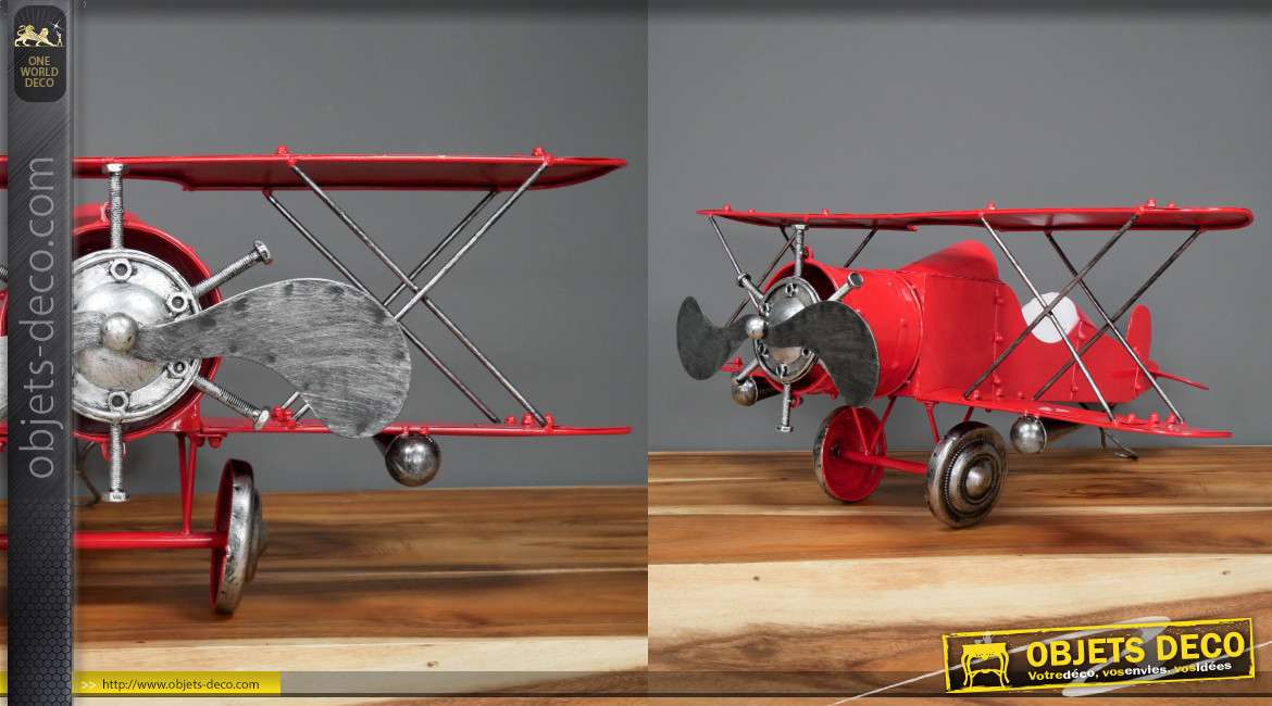 Reproduction d'un ancien avion type biplan en métal, finition rouge vif et vieil argent, 80cm