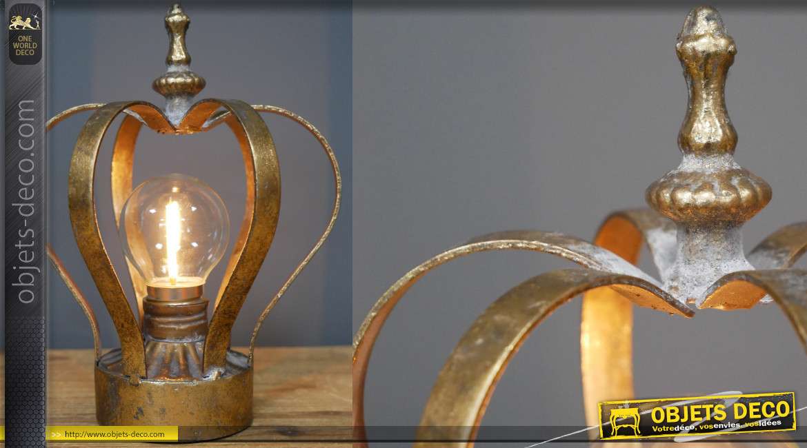 Lampe de chevet portable en métal pour princesse en forme de couronne, finition vieux doré 19cm