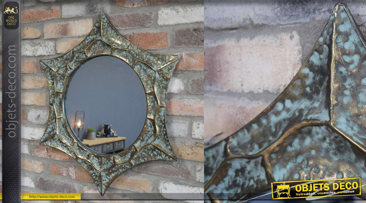 Miroir mural en forme d'étoile, en métal finition bronze oxydé et vieux doré, 71cm