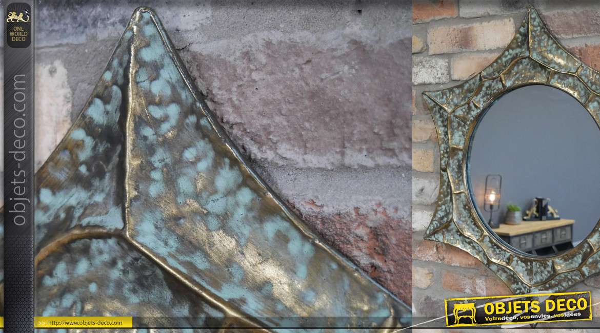 Miroir mural en forme d'étoile, en métal finition bronze oxydé et vieux doré, 71cm