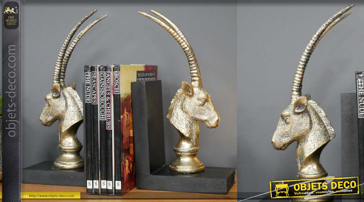 Paire de serre-livres en bois et résine, esprit trophée d'antilope version jeu de d'échecs, 31cm
