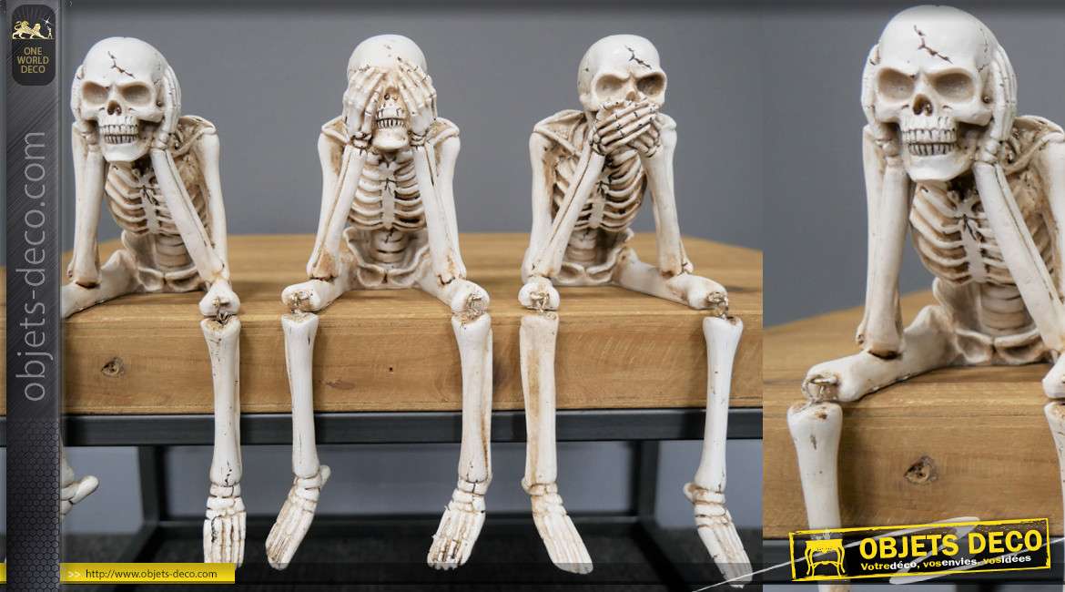 Statuettes de squelettes de la sagesse en résine, finition effet ancien, genoux amovibles, 22cm