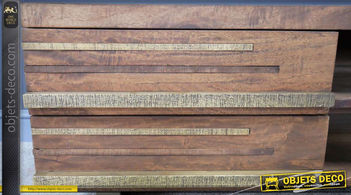 Table basse en bois de manguier massif esprit Ivorien, style rétro et bandes de laiton effet brossé, 110cm