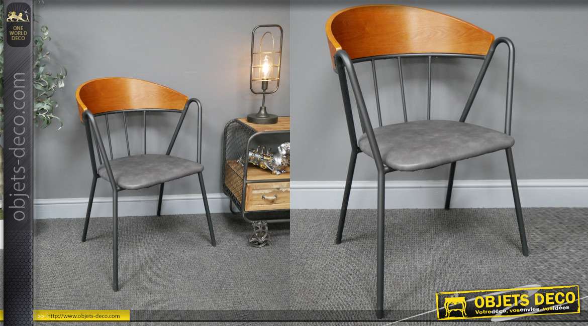 Chaise de style rétro en métal, dossier en bois et assise effet cuir anthracite métallisé, 80cm