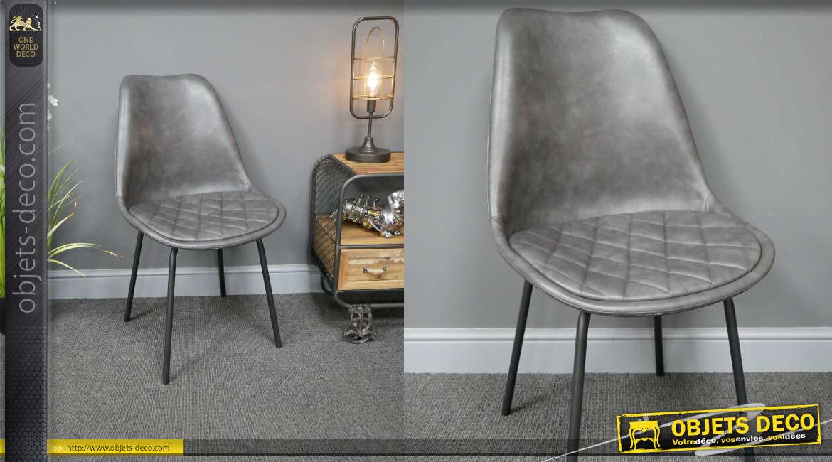 Chaise de salle à manger en métal et effet cuir, finition anthracite métallisé assise et dossier capitonnés, 85cm