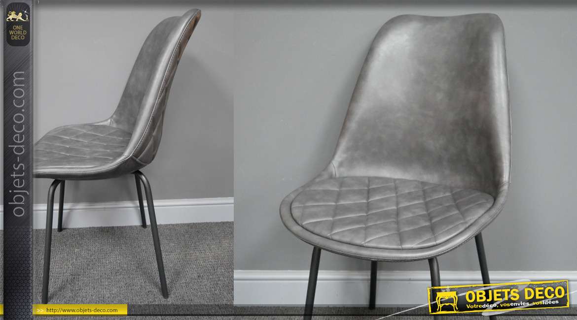 Chaise de salle à manger en métal et effet cuir, finition anthracite métallisé assise et dossier capitonnés, 85cm