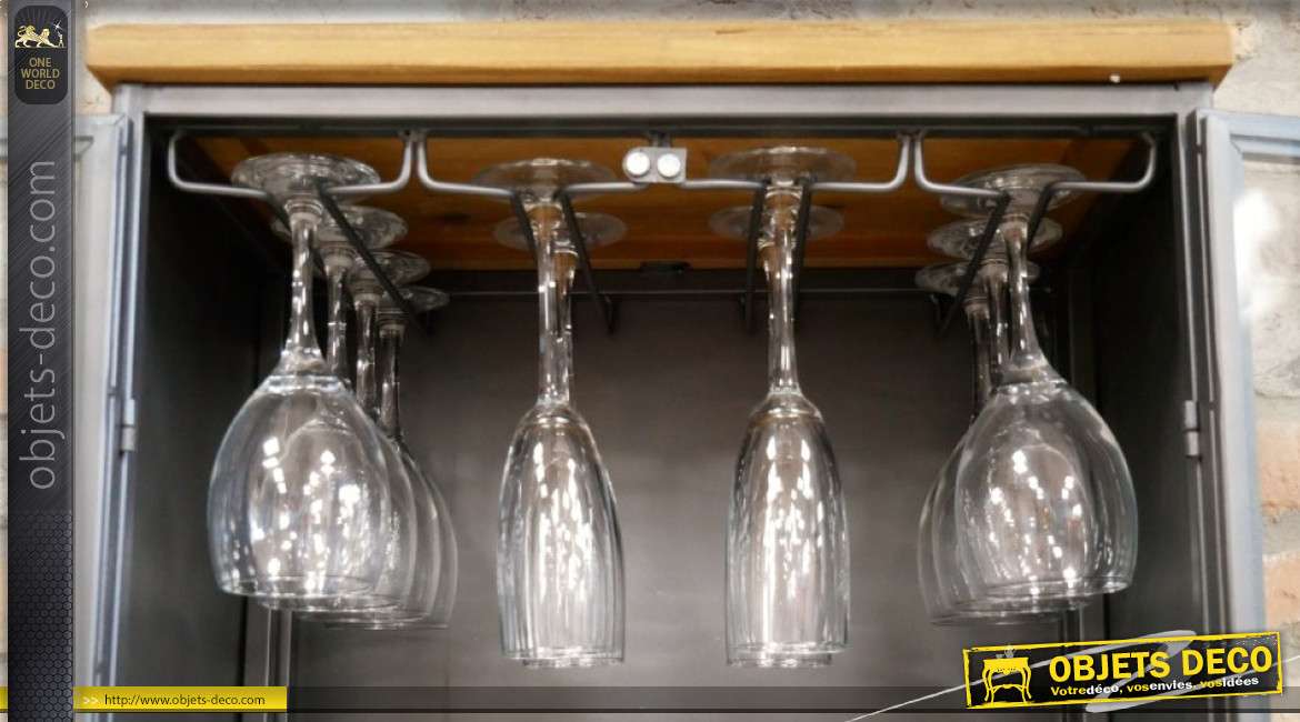 Meuble vitrine style bodega en métal bois et verre, exposition de bouteilles et rangement de verre, 108cm de haut