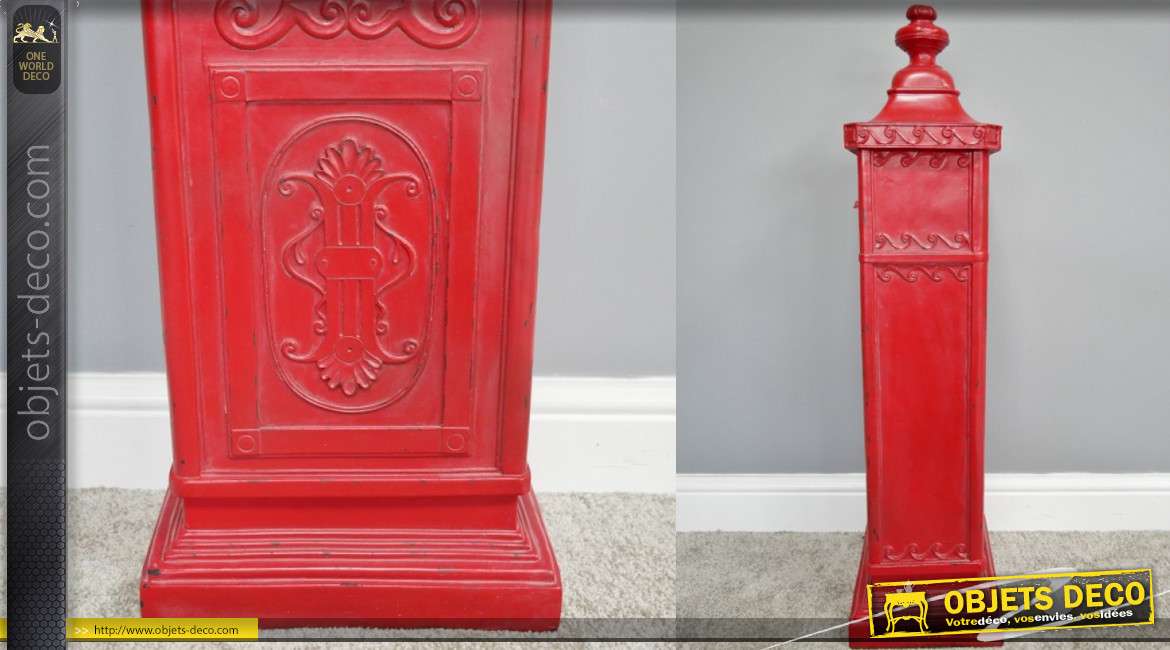 Grande boite aux lettres finition rouge londonien, forme de colonne avec inscription Pole Nord en façade, 91cm