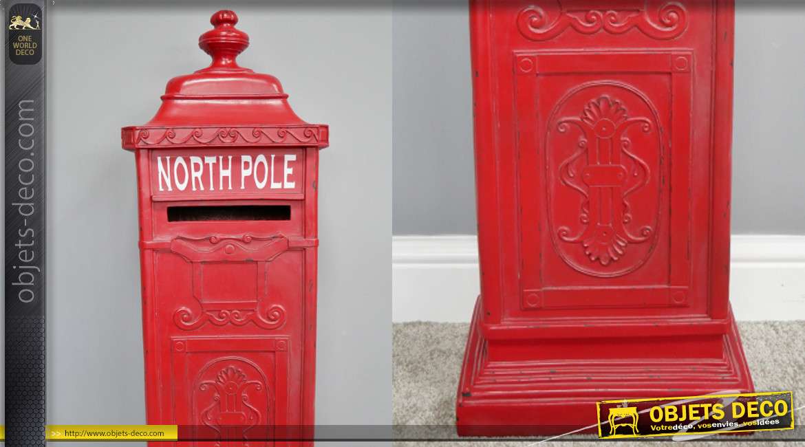 Grande boite aux lettres finition rouge londonien, forme de colonne avec inscription Pole Nord en façade, 91cm