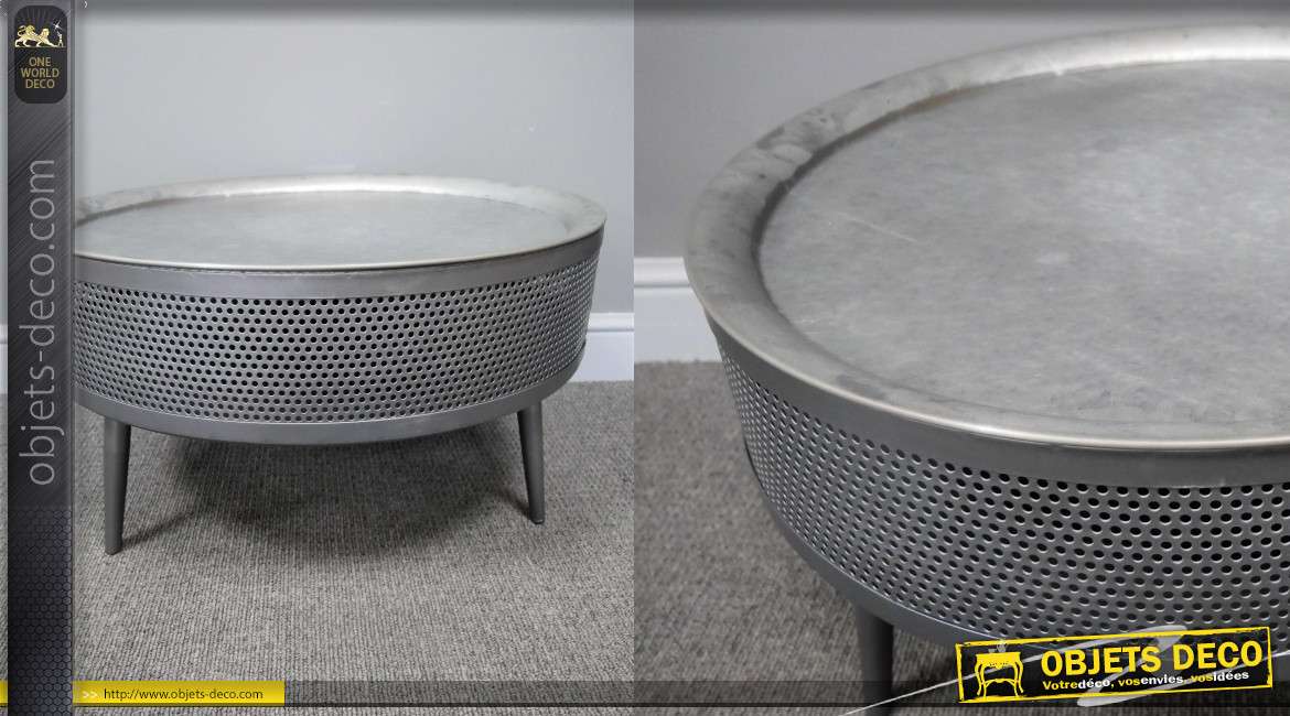 Table basse en métal style ancien tambour de machine à laver, plateau amovible, finition gris acier, 62cm