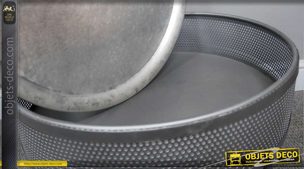 Table basse en métal style ancien tambour de machine à laver, plateau amovible, finition gris acier, 62cm