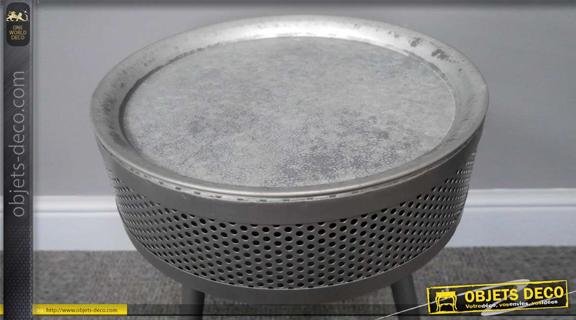 Table auxiliaire en métal finition anthracite, esprit tambour de machine à laver monté sur pieds, 46cm