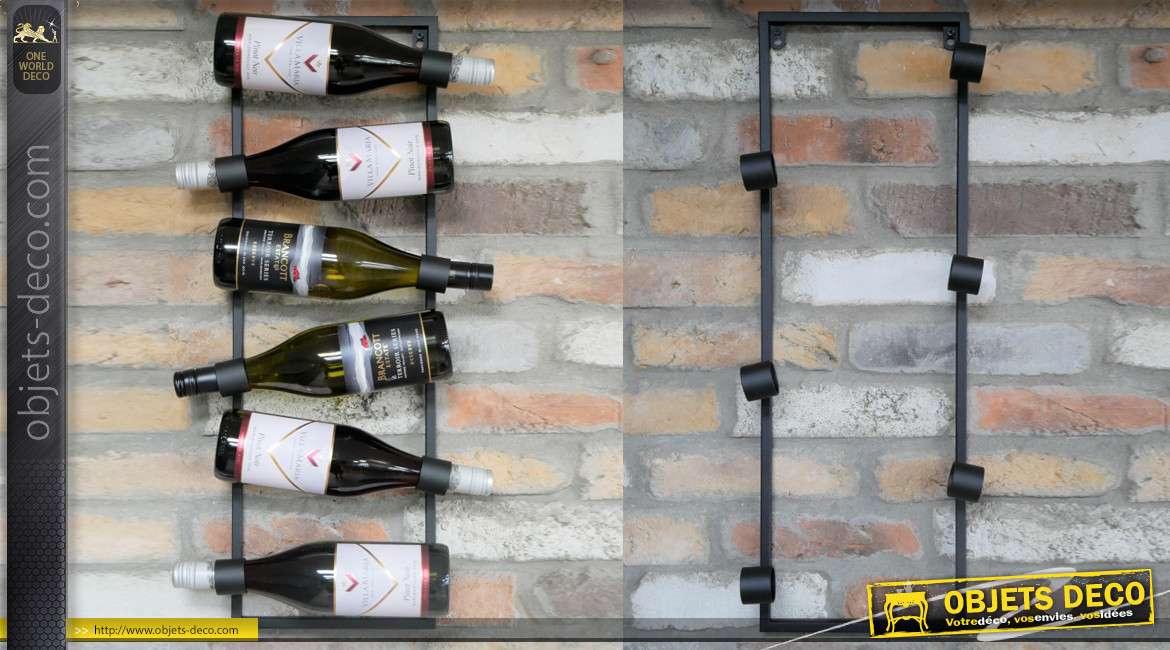 Support mural pour exposition de bouteilles de vin, en métal finition gris anthracite foncé, pour 6 bouteilles, 69cm