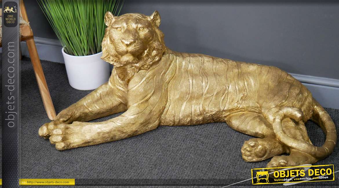 Grande statue d'un tigre royal du Bengale, en résine finition doré brillant et mate, style intemporel, 100cm