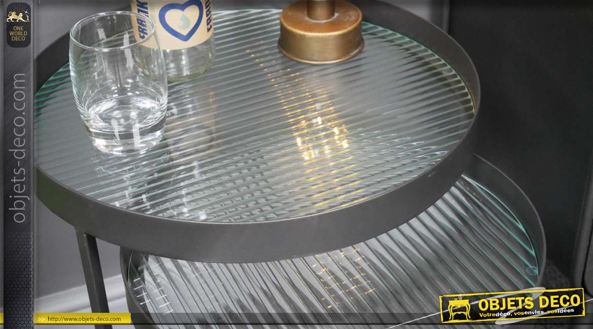 Ensemble de deux tables gigognes en métal et verre ondulé transparent, finition anthracite foncé, 50cm