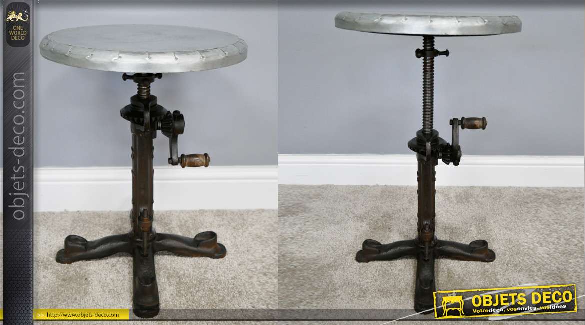 Table d'appoint ajustable en hauteur de style industriel, en fonte effet vieilli et métal, manivelle en bois, Ø35cm