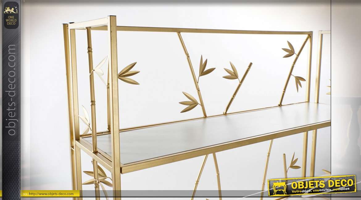 Bibliothèque en métal finition doré, 4 étagères en verre, esprit nature chic avec feuilles de bambou, 160cm