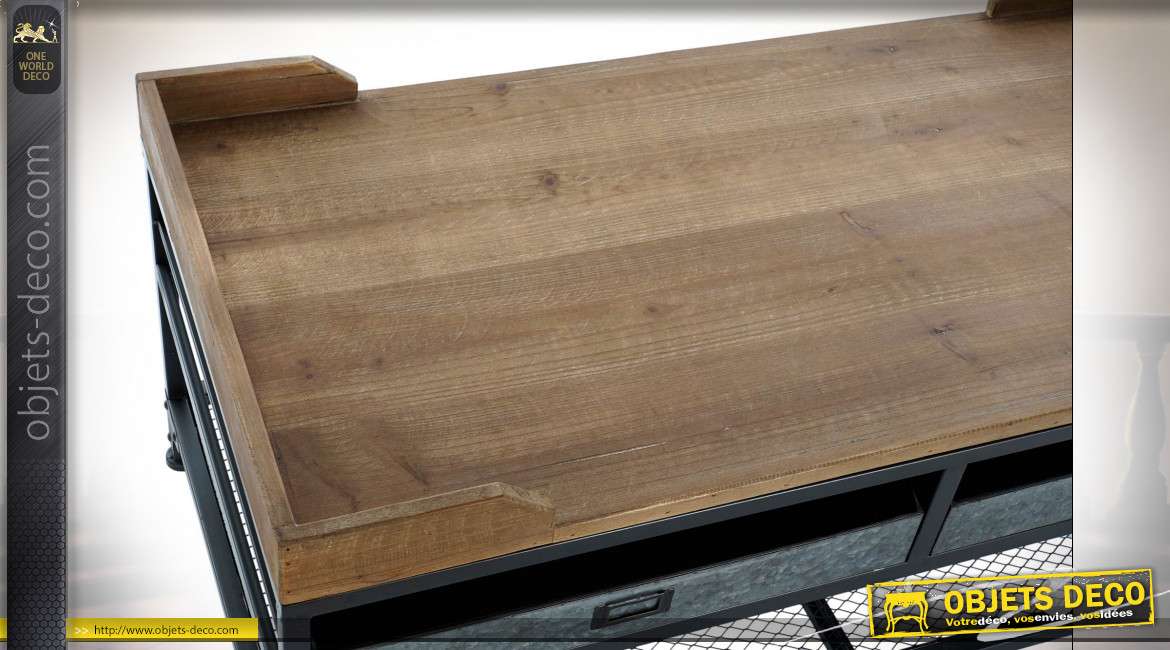 Table basse en bois de sapin finition naturel et tiroirs en zinc esprit vieille ferme, 100cm