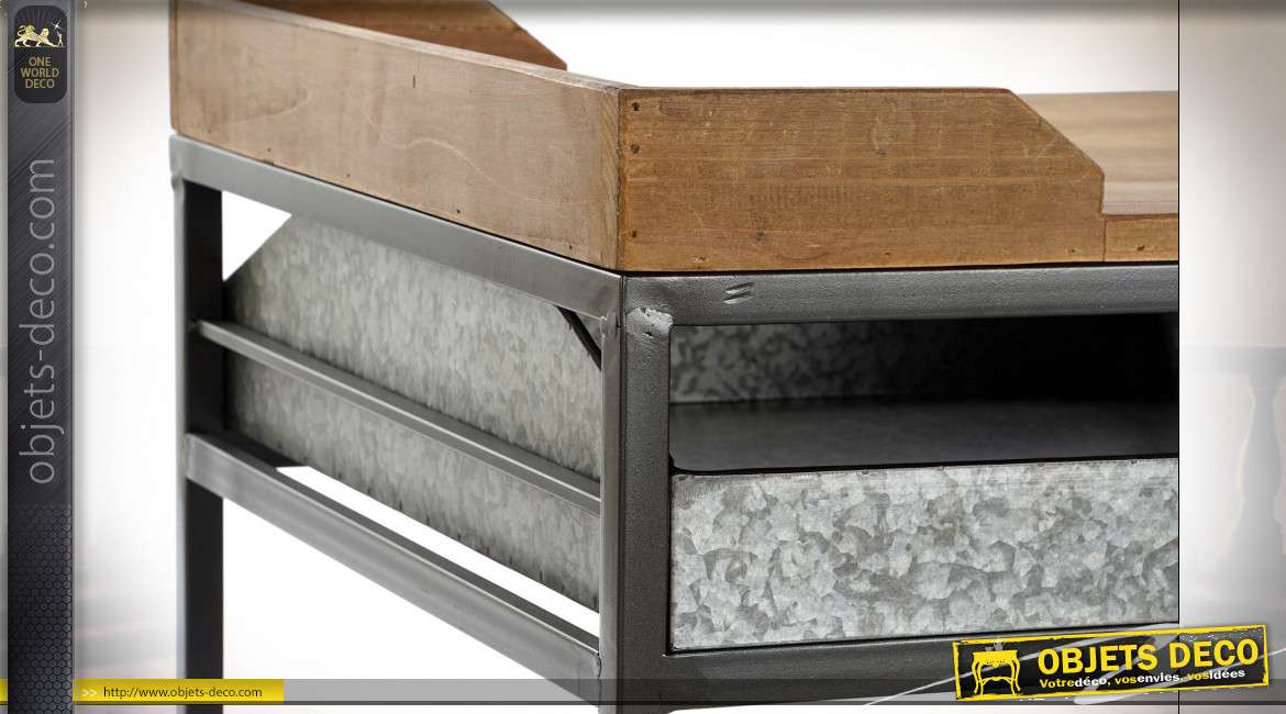Table basse en bois de sapin finition naturel et tiroirs en zinc esprit vieille ferme, 100cm