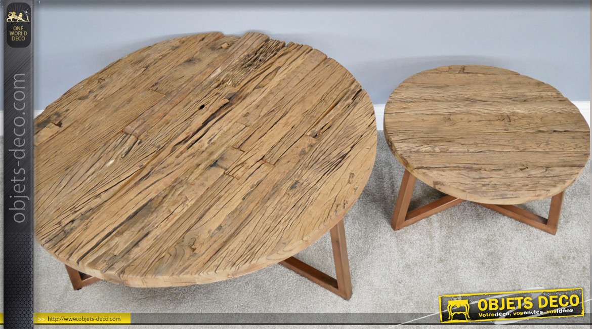 Série de deux tables basses en bois d'anciennes traverses de chemin de fer, style rustico'épuré, pieds effet cuivré, Ø100cm